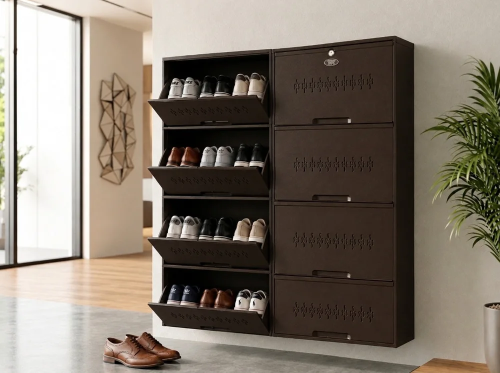 Shoeden wall-mounted steel shoe rack in Coffee Brown with tiers tilted open